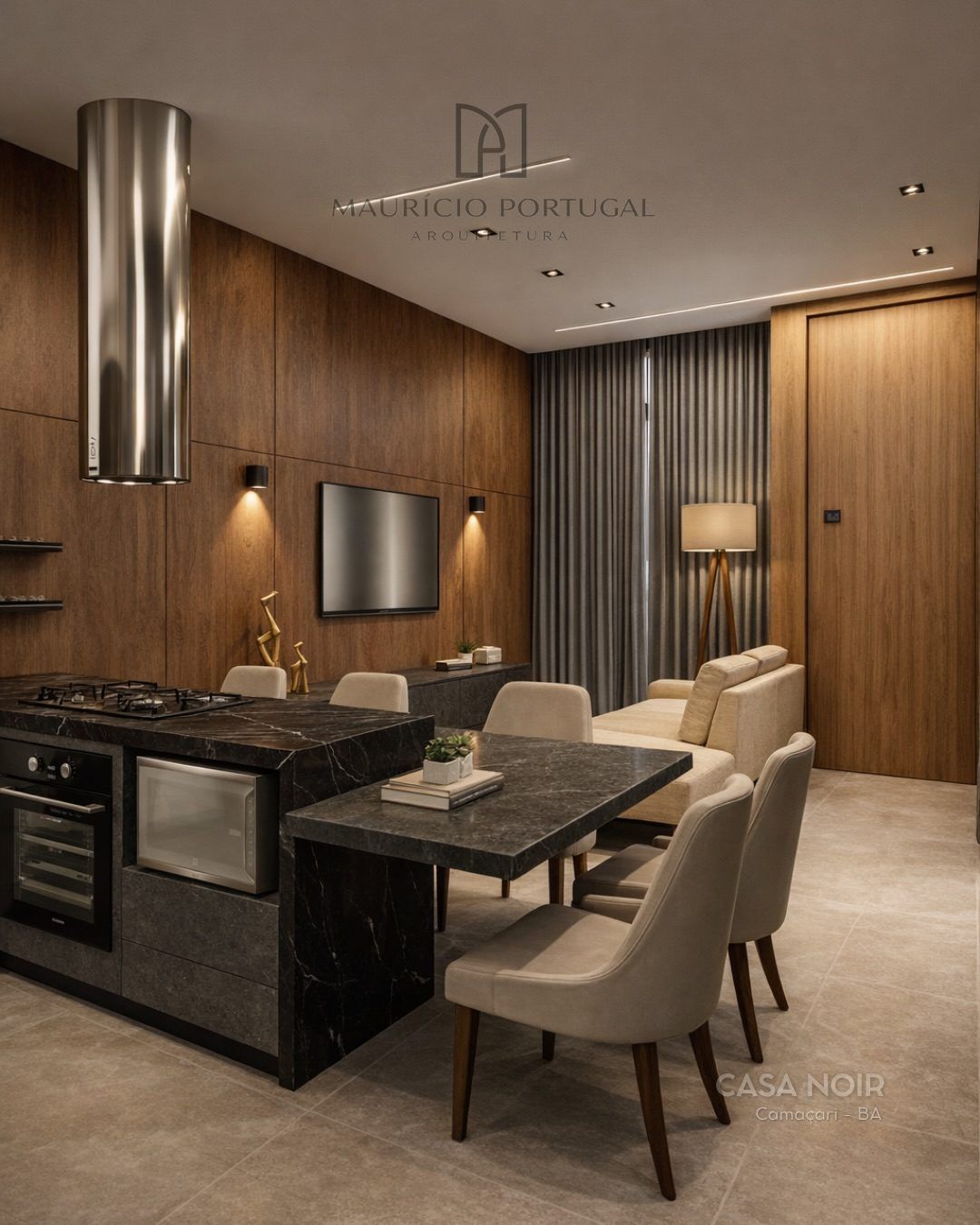 Cozinha integrada à sala de jantar com marcenaria em madeira e bancada de mármore escuro — Casa Noir, Camaçari – BA
